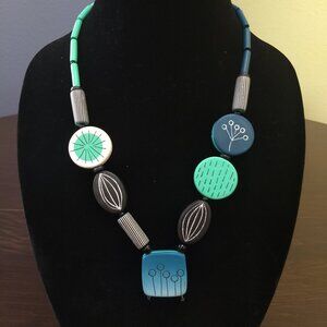 Mid-Century Inspired Statement Necklace Green Blue Black Carved Handmade Art